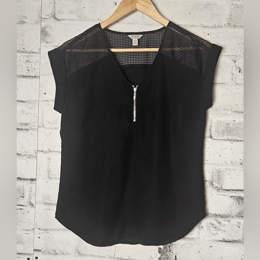GUESS Mesh Shoulder Zip Front Blouse Black Short Sleeve XS